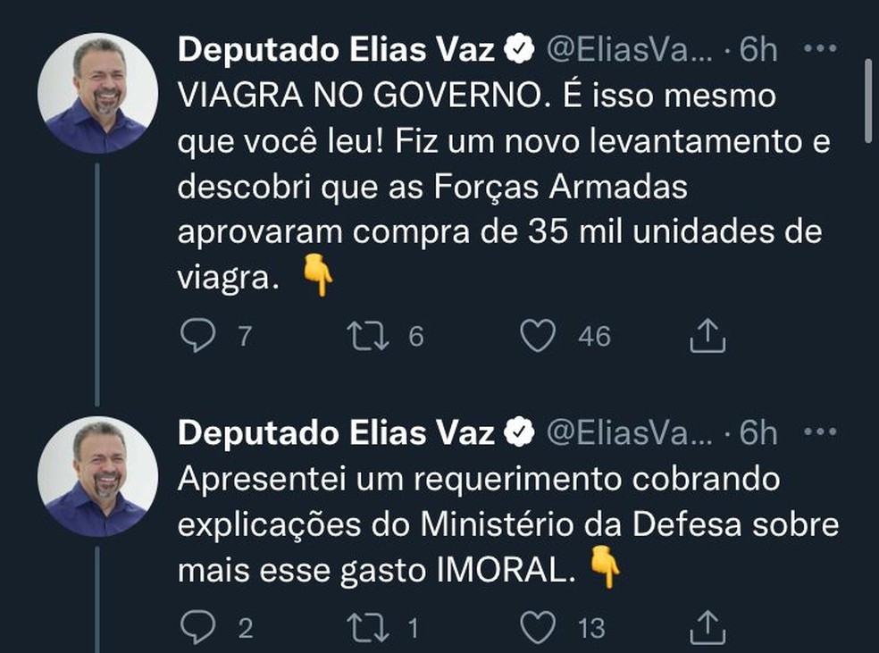 Deputado Federal Elias Vaz (PSB-GO) pede esclarecimentos do Ministério da Defesa sobre a aprovação da compra de viagra — Foto: Reprodução/ Redes sociais